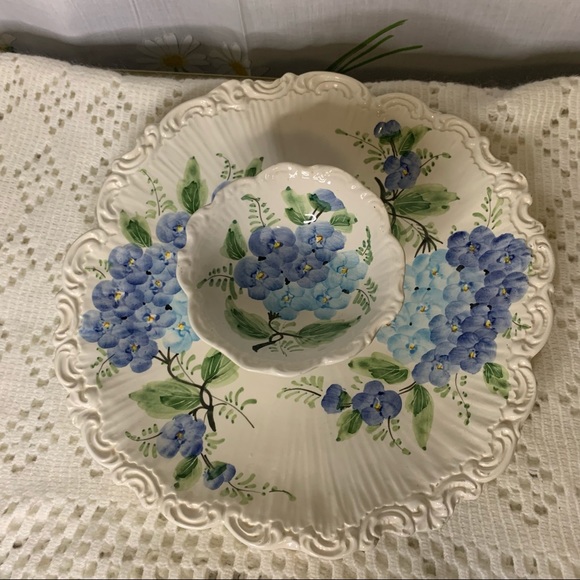 Italian pottery serving plate hand painted hydrangea art nouveau swirl edge - Picture 3 of 8